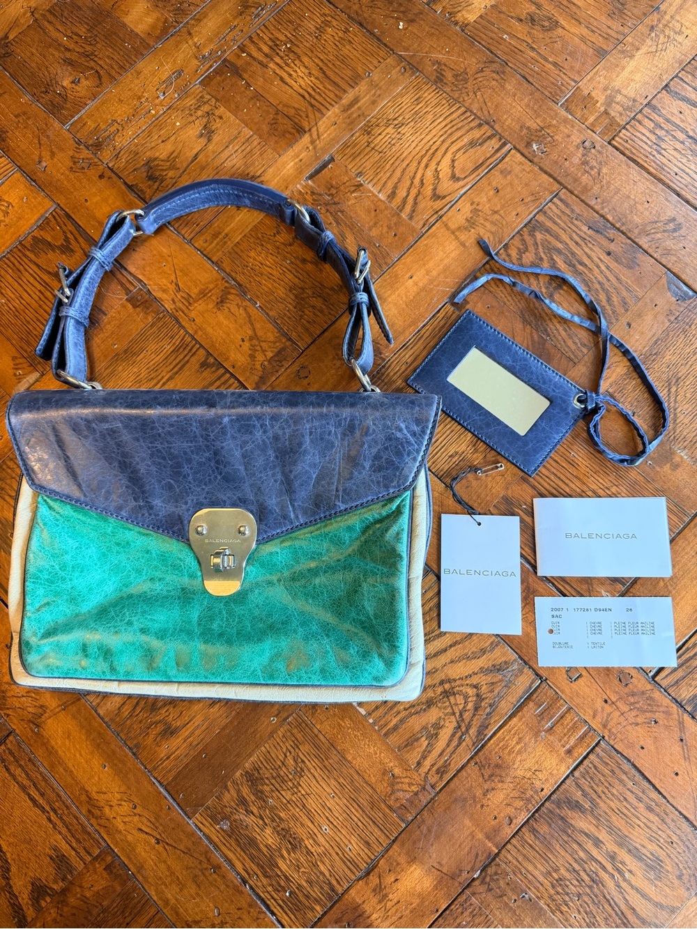 Balenciaga Green, Navy and Cream Leather Shoulder Bag